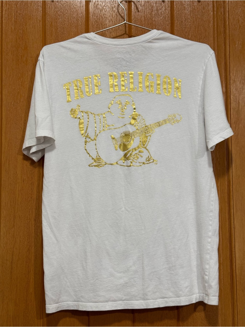 True Religion White Tee with Gold Foil Buddha & Guitar Graphic size M unisex